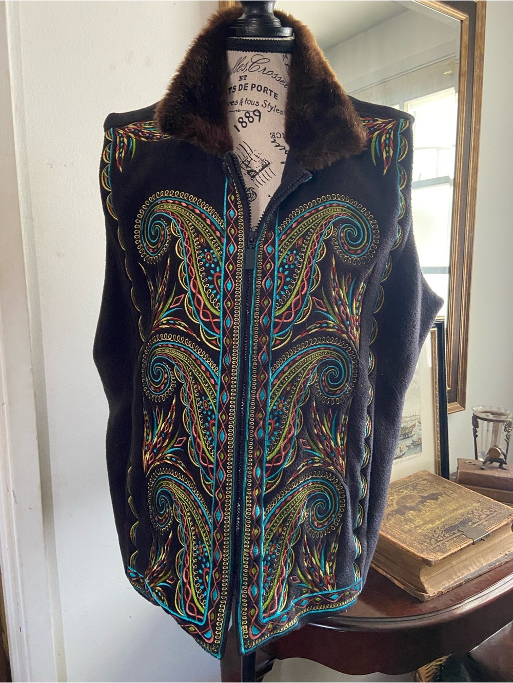 Bob Mackie Black Embroidered Zip-Front Vest with Faux Fur Collar